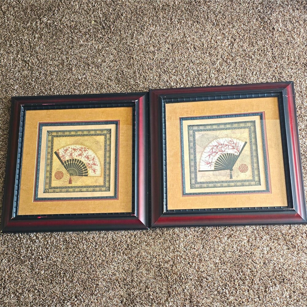Pair of Vintage Sally Ray Cairns Oriental Fan Framed Lithographs 24x24